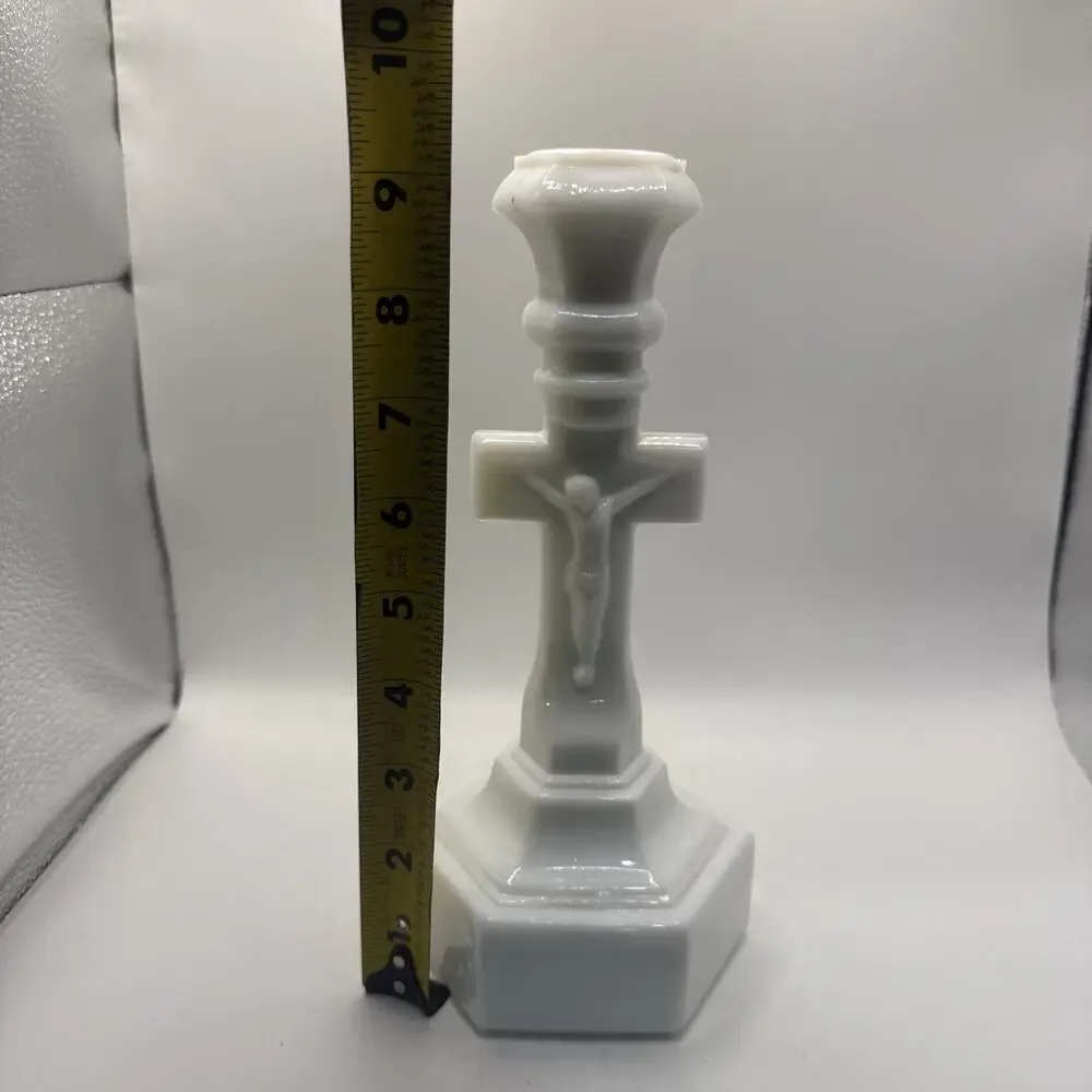 VTG Pressed Milk Glass, Crucifix Candlestick Holder 6 Sided Base *